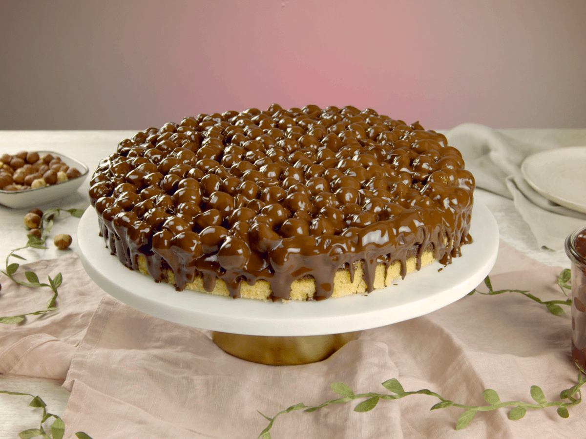 Ein Marmorkuchen mit Kirschen, Haselnüssen und Schokoglasur auf einer Tortenplatte.