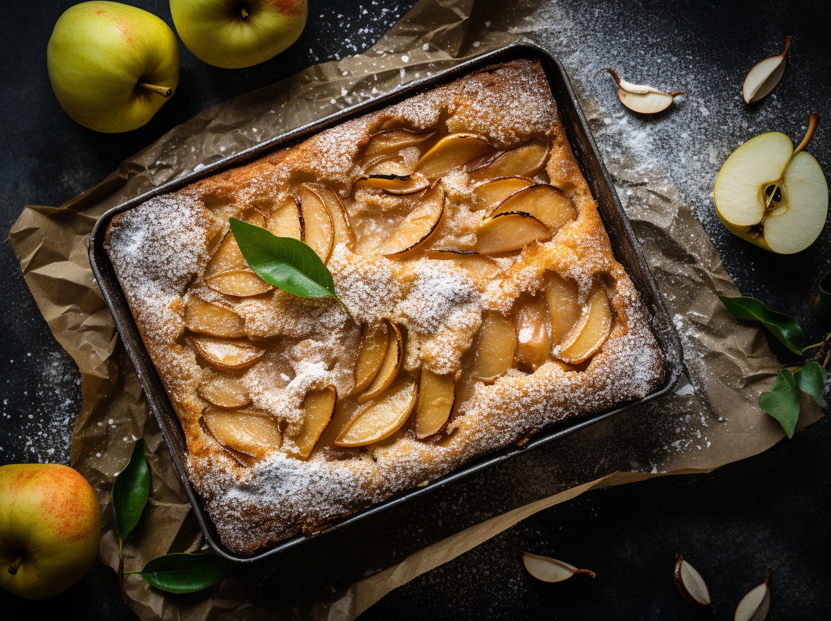 Versunkener Apfelkuchen vom Blech, dekoriert mit Puderzucker.