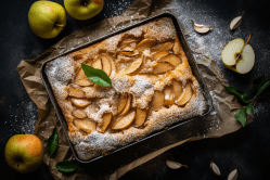 Versunkener Apfelkuchen vom Blech, dekoriert mit Puderzucker.