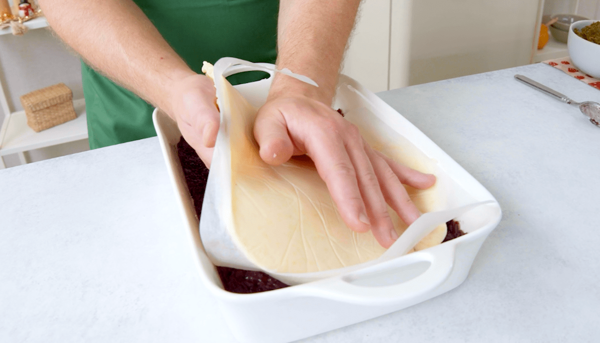 Rotkohl und KnÃ¶delteig in Auflaufform