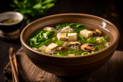 Eine Schüssel Pak-Choi-Suppe mit Tofu und Pilzen. Im Hintergrund sind Zutaten zu sehen.