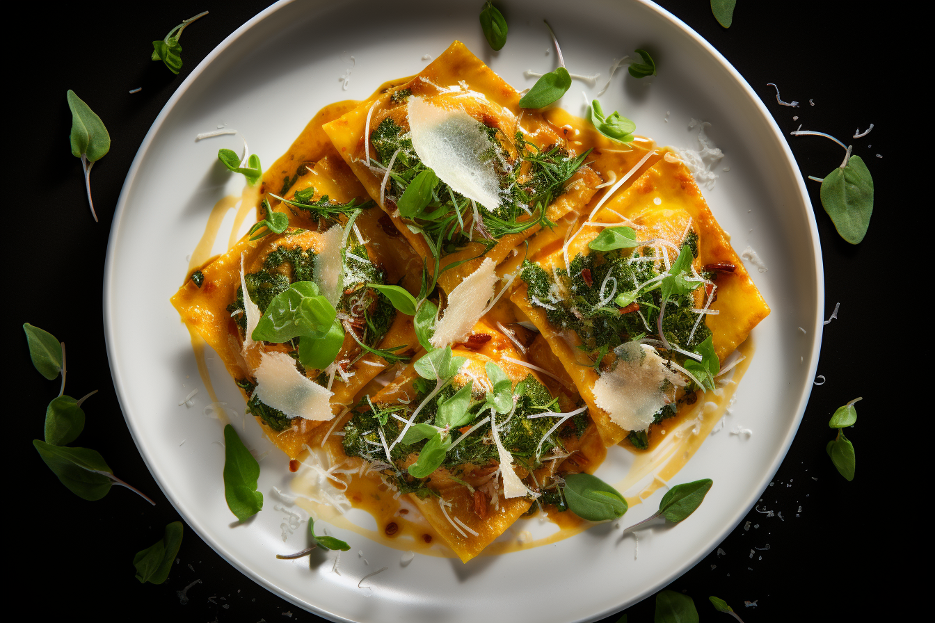 KÃ¼rbis-Ravioli in Tomaten-Basilikum-Sauce, Herbstgericht.