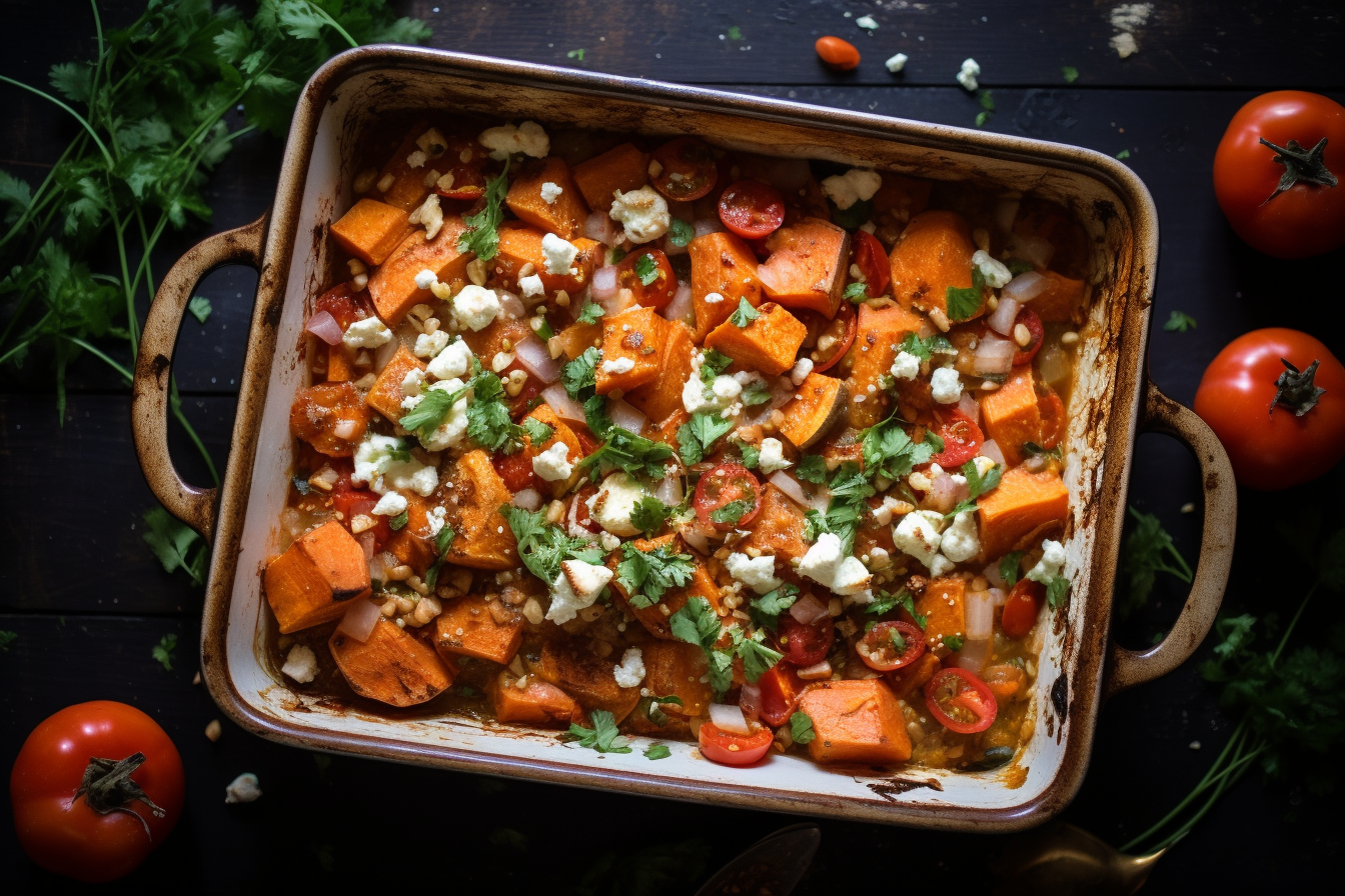 SÃ¼ÃŸkartoffel Feta Auflauf: Eine Auflaufform mit geschichteten SÃ¼ÃŸkartoffeln, gewÃ¼rfeltem Feta, Tomaten und GewÃ¼rzen, Ã¼berbacken bis sie knusprig sind.