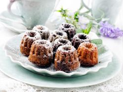 Mini-Lebkuchen-Gugelhupf, serviert auf einem Teller, bestäubt mit Puderzucker.