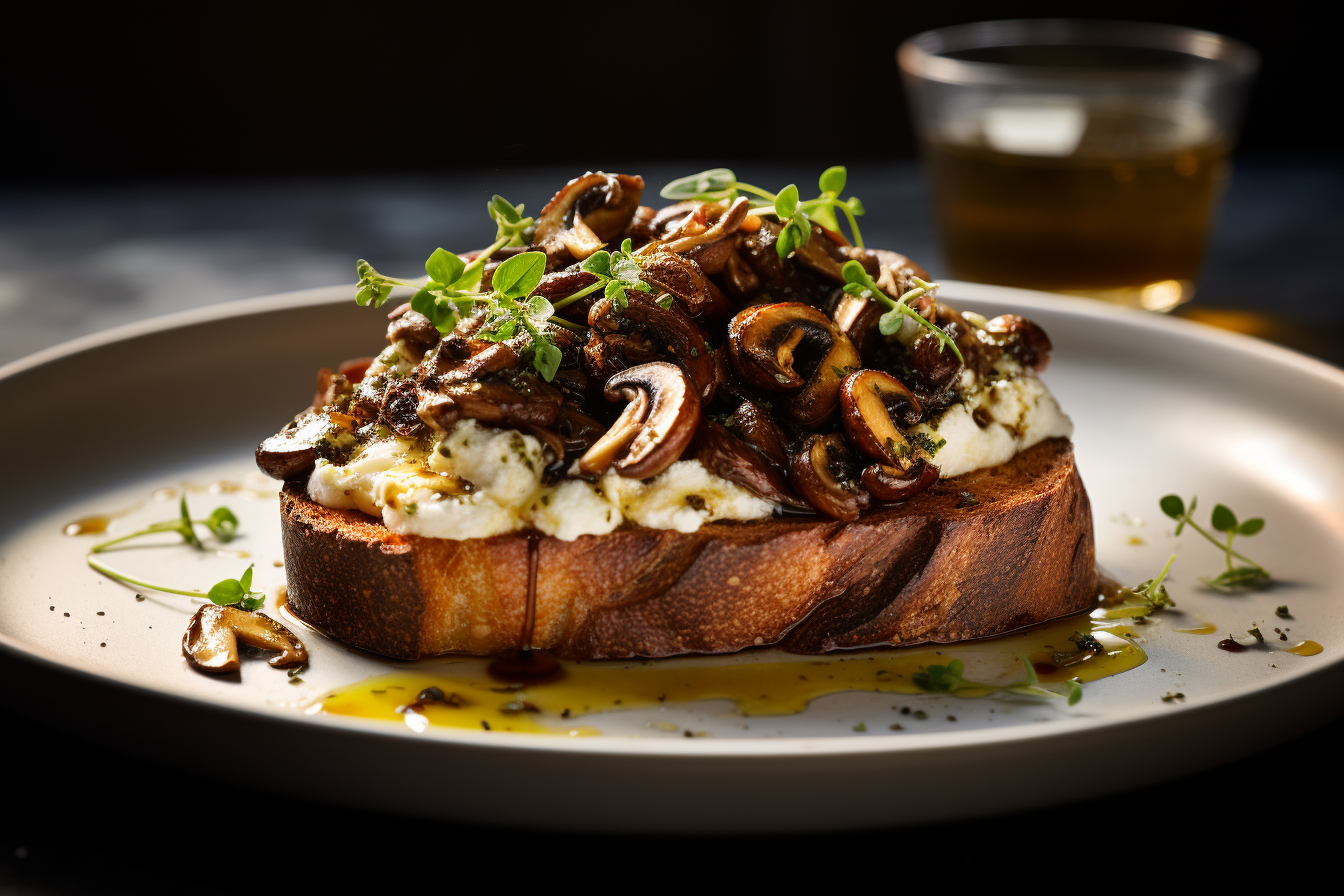 Pilz-Toast im Herbststil: Gebratene Pilze auf knusprigem Brot, getoppt mit ZiegenkÃ¤se und einem Hauch von TrÃ¼ffelÃ¶l, perfekt fÃ¼r herbstliche Abende.