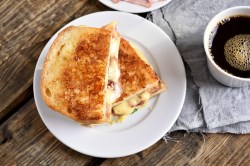 2 gegrillte Rotkohl-Käse-Sandwiches auf einem Teller in der Draufsicht, darunter eine Stoffserviette.