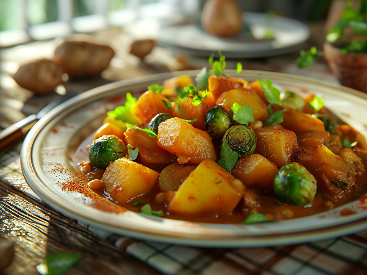 Ein Teller Rosenkohl-Kartoffel-Eintopf mit Petersilie bestreut, Nahaufnahme