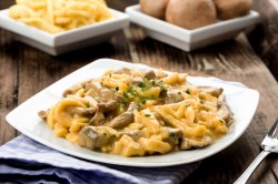 Ein Teller Spätzle mit Rahm-Champignons, daneben eine Gabel, im Hintergrund je eine Schale mit Pilzen und mit Spätzle.