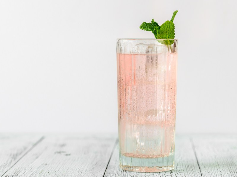 Ein Glas Vin Tonic mit Eiswürfeln und Minze