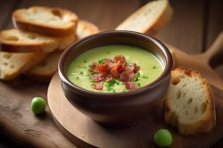 Eine Schale mit Erbsensuppe und gebratenem Speck auf einem Holzbrett mit Brotscheiben dabenen.