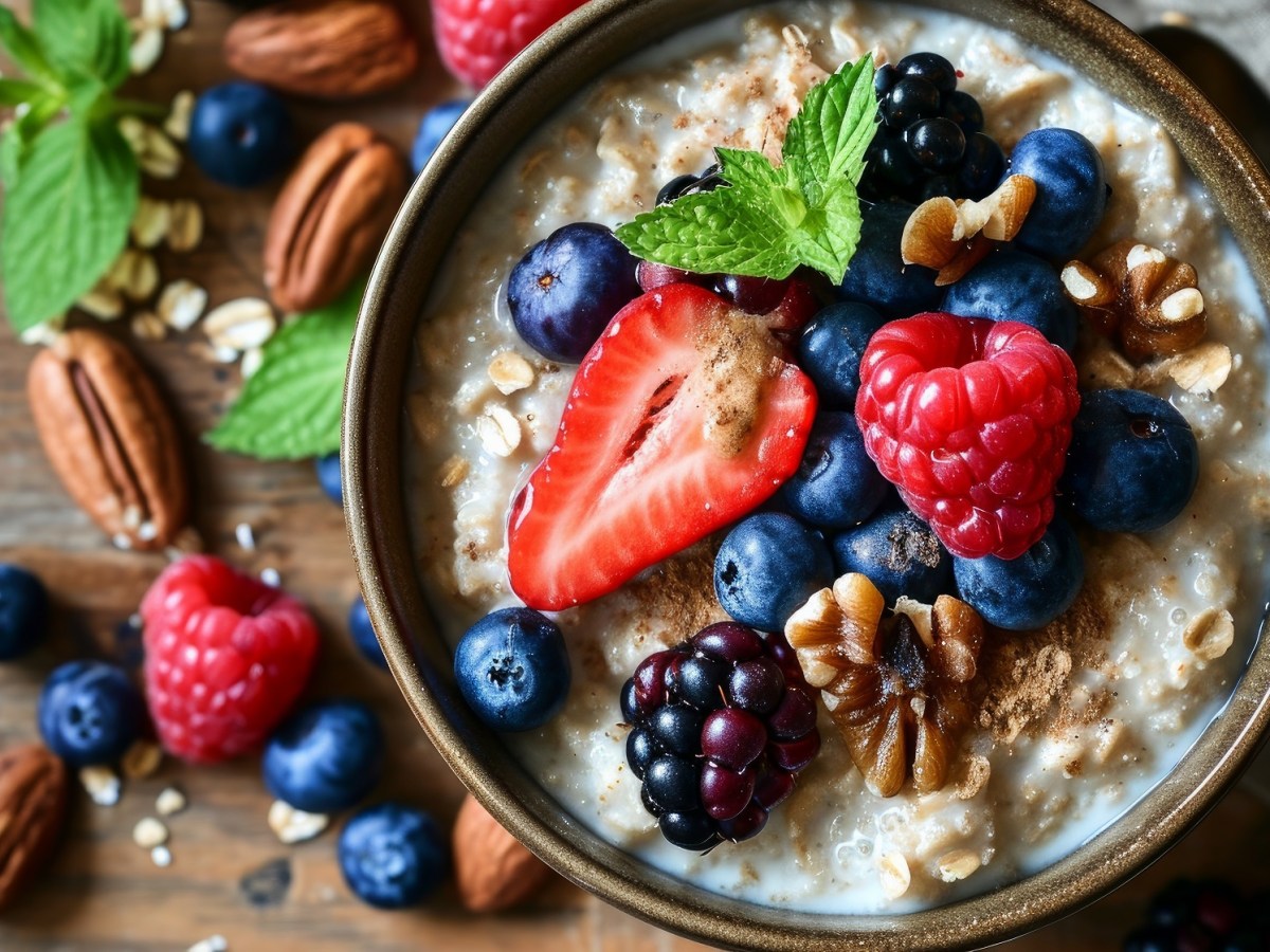 Schüssel mit Porridge, verschiedenen Beeren und Nüssen