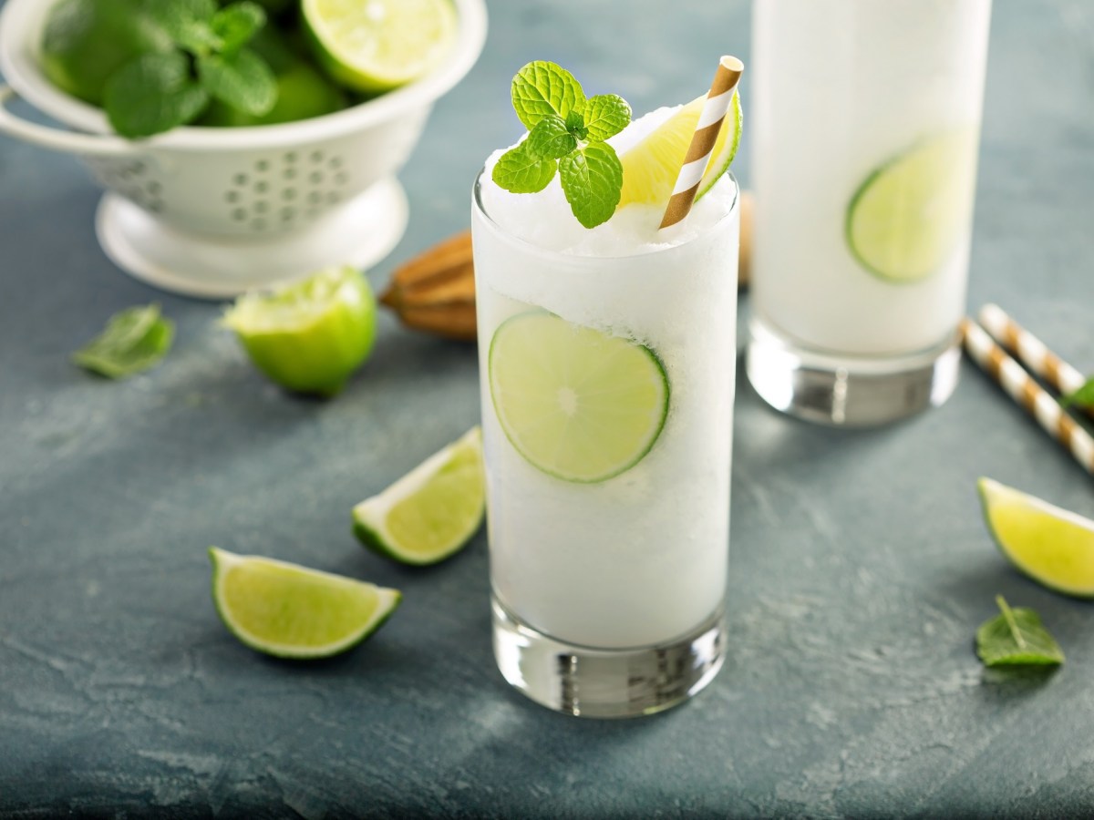 2 GlÃ¤ser Frozen Gin Tonic mit Minze und Limetten und Strohhalm, drumherum Limettenspalten.