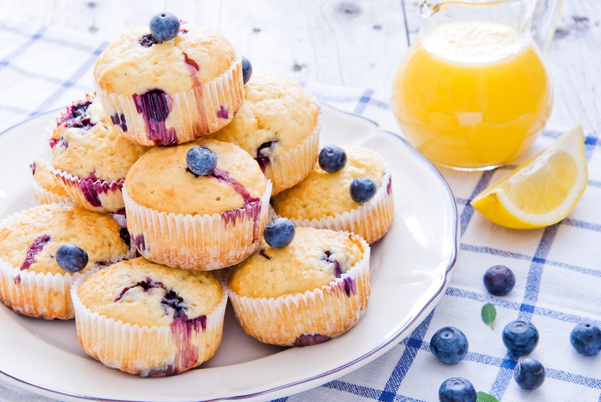 Ein Teller mit mehreren Blaubeer-Buttermilch-Muffins auf kariertem Tischtuch. Kanne mit Zitronensaft daneben.