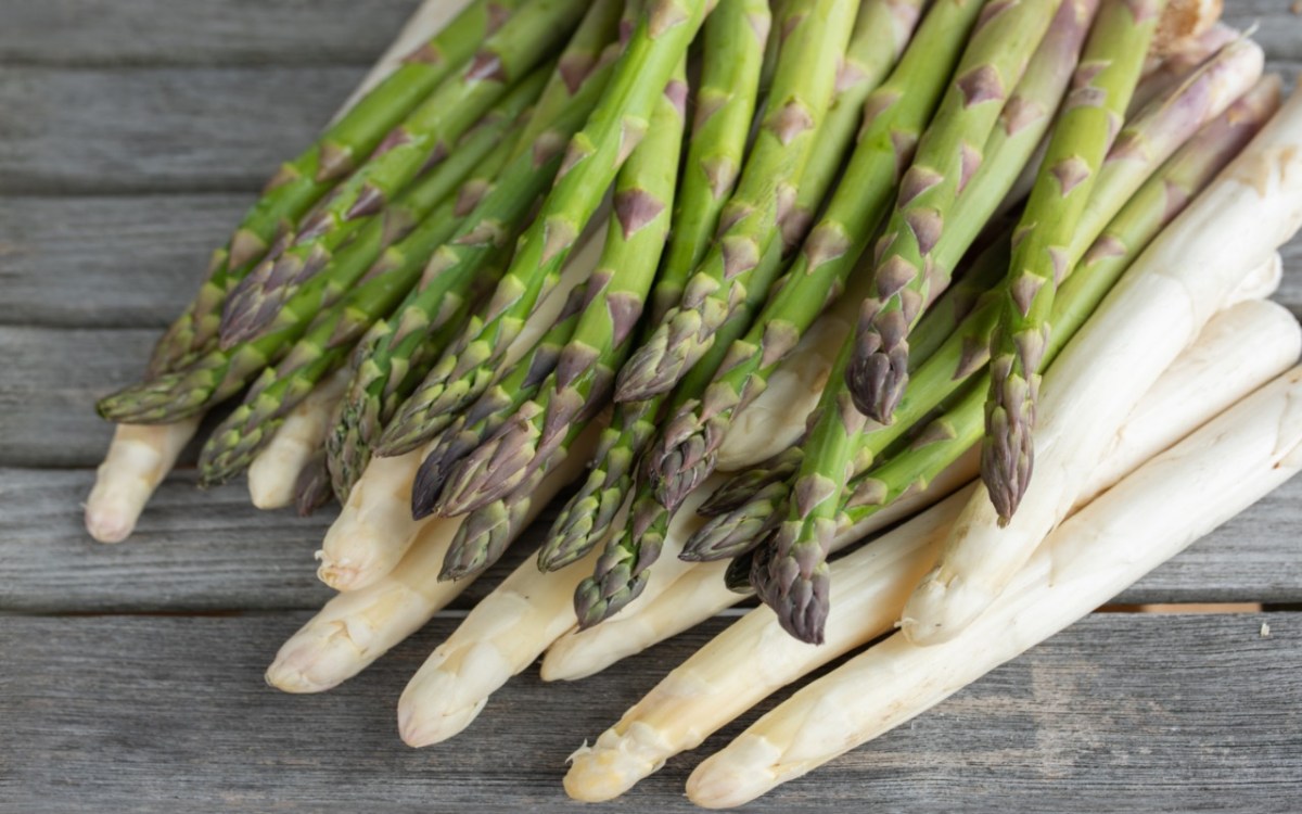 Woran erkennt man frischen Spargel: frischer grüner und weißer Spragel.