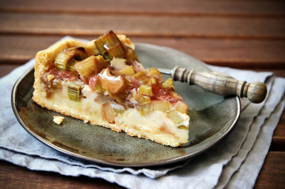 Teller mit einem Stück Rhabarber-Schmand-Kuchen