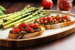 Ein Teller mit zwei Scheiben Brot mit Spargel-Bruschetta und einem Bund grünem Spargel daneben.