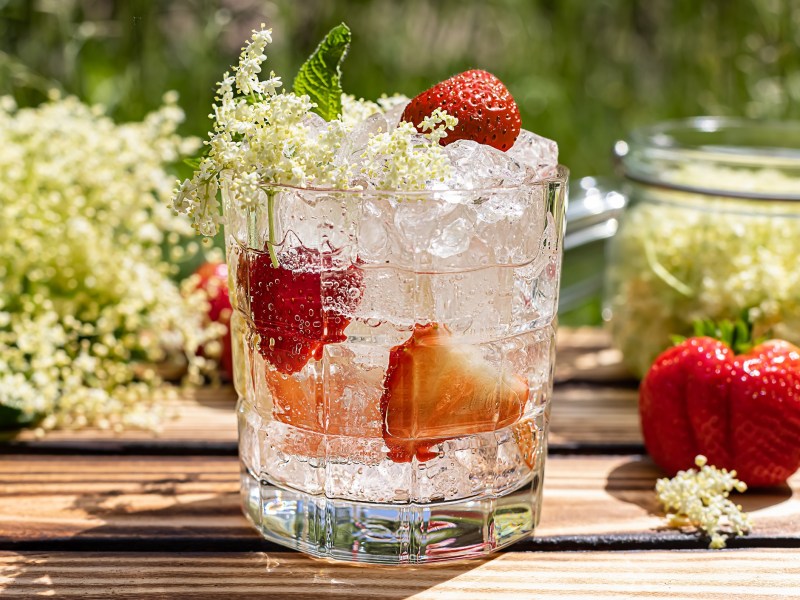 Glas mit Erdbeer-Hugo und Holunderblüten