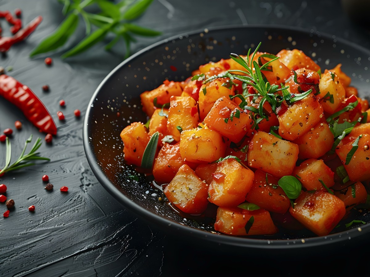 Serviere einen pikanten Harissa-Kartoffelsalat zum Grillen