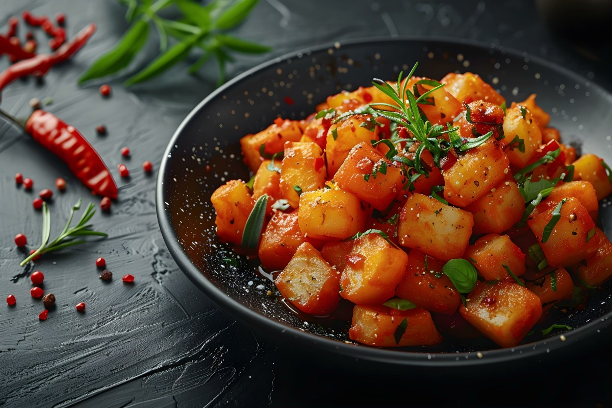 Eine Schüssel Harissa-Kartoffelsalat mit Petersilie garniert.