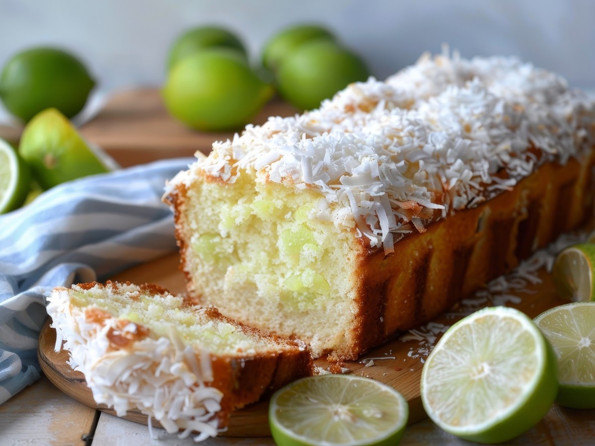 Ein angeschnittener Kokos-Limetten-Kuchen liegt auf einem rechteckigen Teller. Daneben liegen ganze und angeschnittene Limetten.