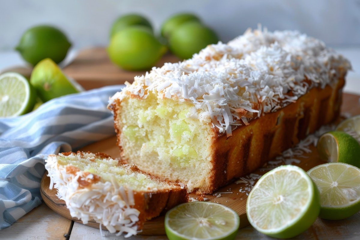 Ein angeschnittener Kokos-Limetten-Kuchen liegt auf einem rechteckigen Teller. Daneben liegen ganze und angeschnittene Limetten.