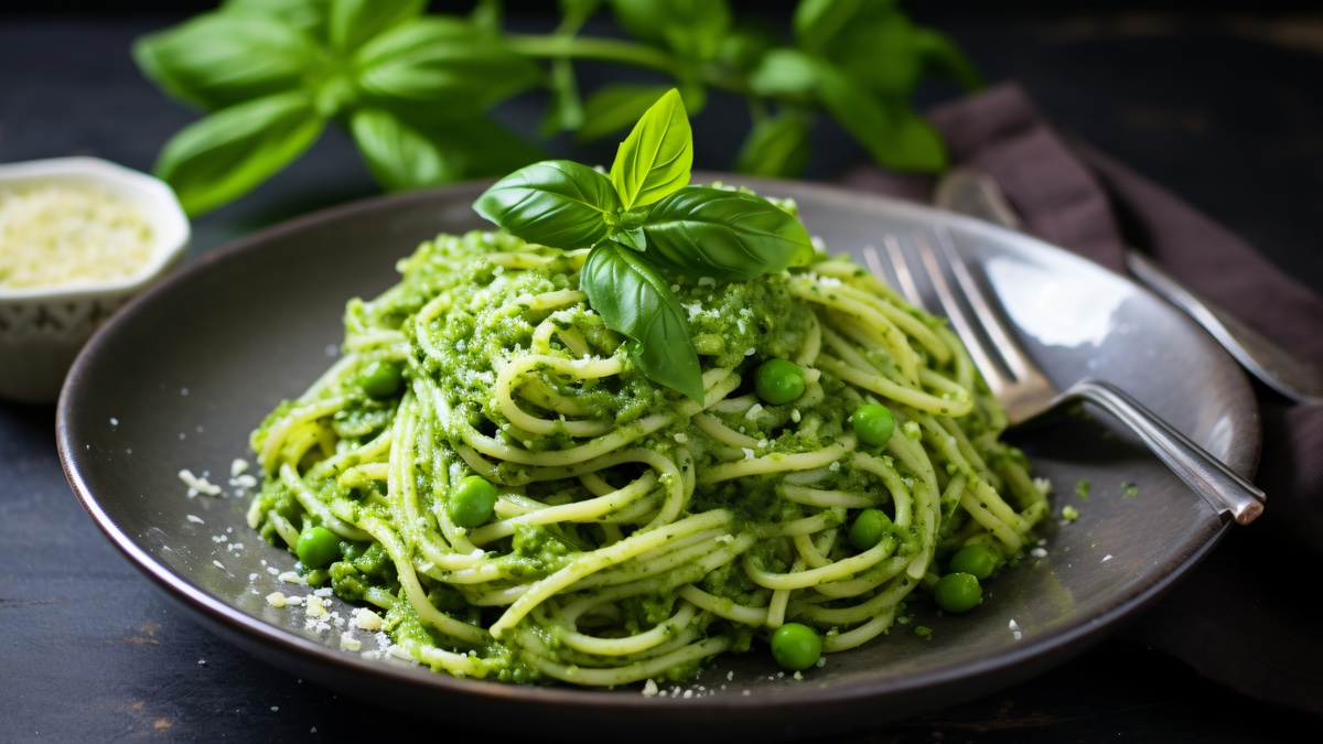 Nudeln mit grünem Erbsen-Pesto.