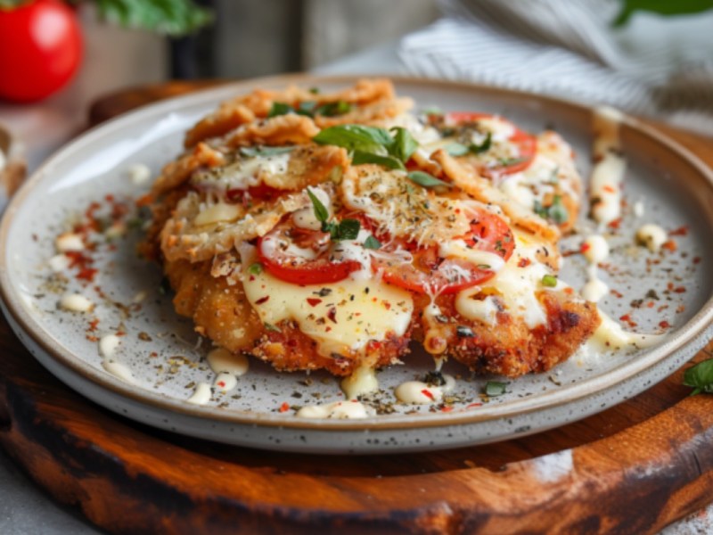 Ein Pizzaschnitzel mit Tomaten und Käse auf einem Teller.