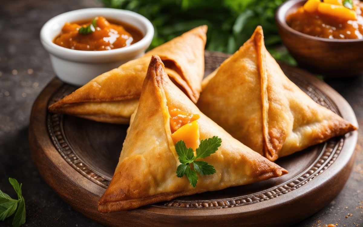 Drei süße Samosas mit Mango-Kokos-Füllung. Schalen mit Mango-Chutney stehen im Hintergrund.