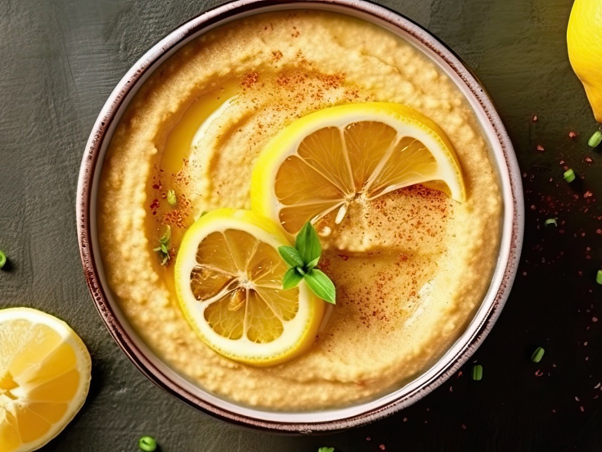 Eine Schale mit Zitronen-Hummus, Zitronen daneben