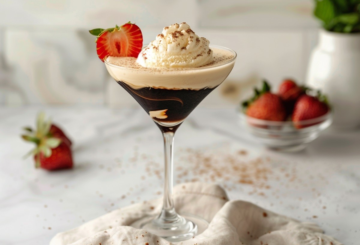 Ein Martiniglas mit Affogato Espresso Martini mit Vanilleeis und einer halben Erdbeere garniert. Im Hintergrund unscharf Erdbeeren und Zutaten.