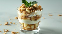 Apfel-Zimt-Tiramisu mit Kekskrümeln im Glas, garniert mit Minze. Drumherum Kekskrümel.