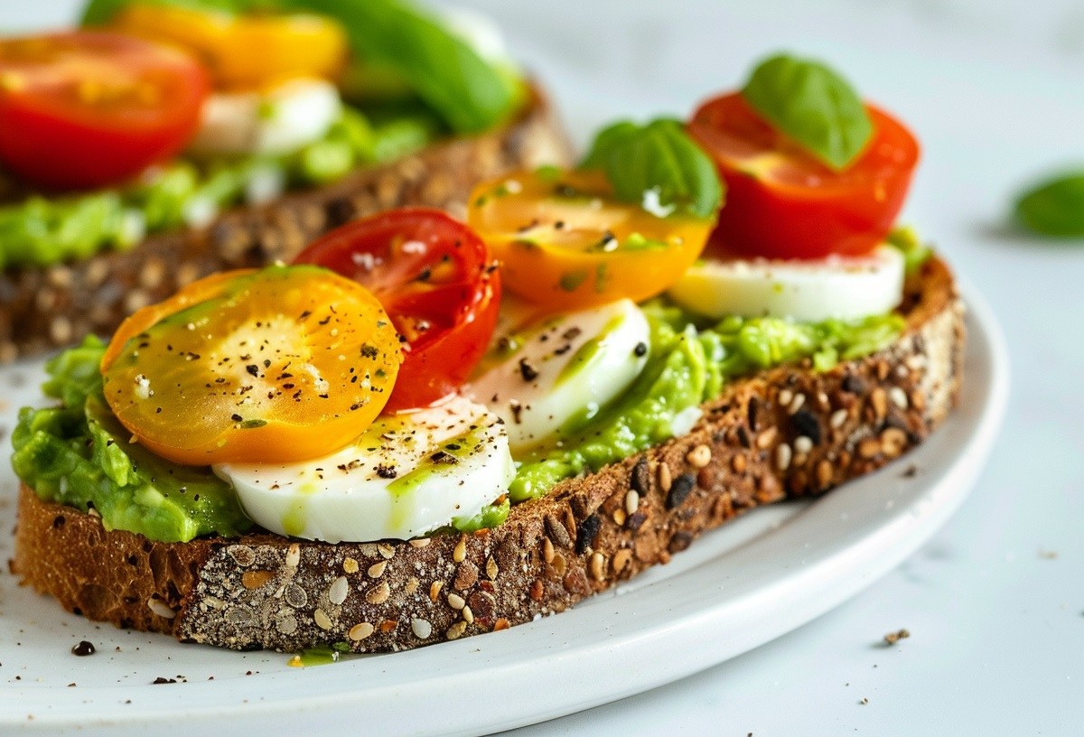 2 Avocado-Caprese-Toasts mit Tomaten und Mozzarella auf einem Teller, garniert mit Basilikum.