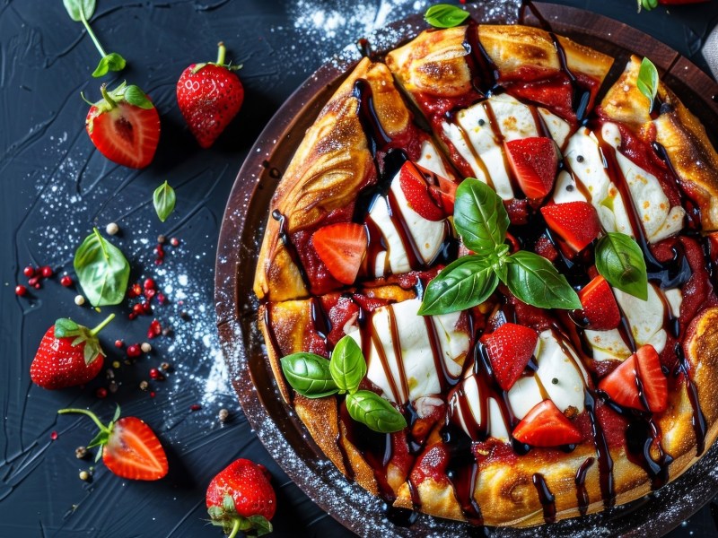Erdbeer-Balsamico-Pizza auf einem Tisch