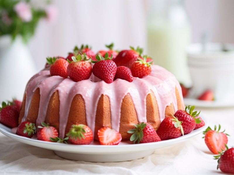 Gugelhupf mit Erdbeeren und rosa Zuckerguss