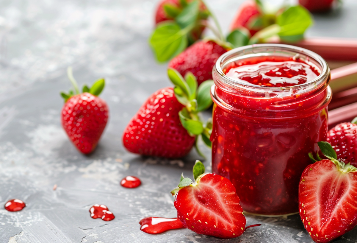 Ein Glas Erdbeer-Rhabarber-Marmelade. Daneben Erdbeeren und Rhabarberstangen.