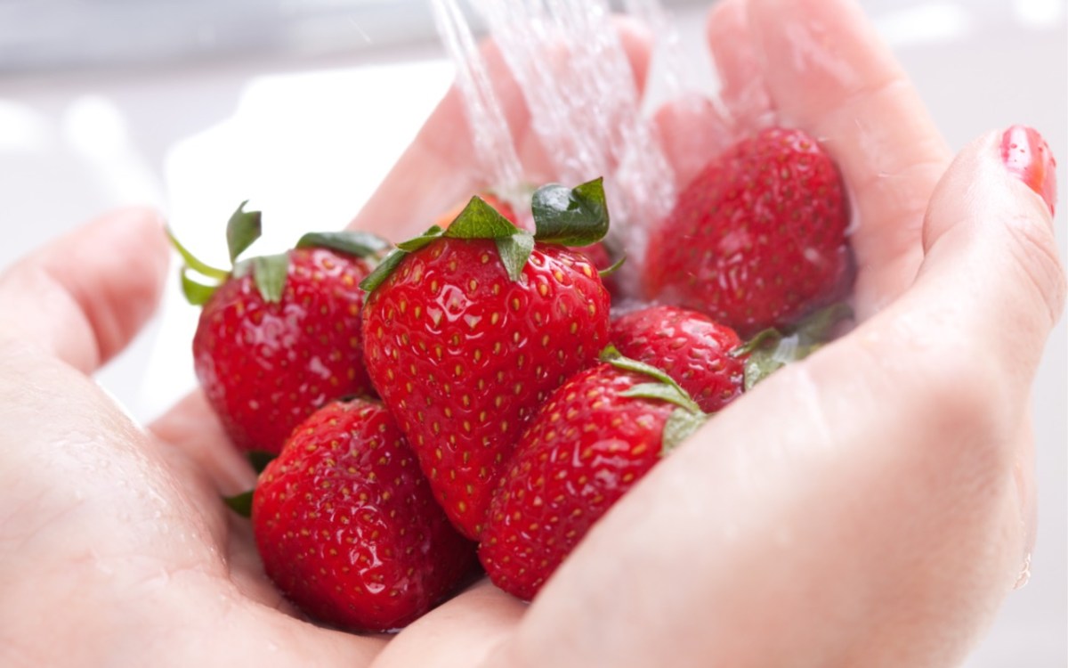 Erdbeeren mit Natron waschen: Erdbeeren werden in zwei Händen unter Wasserhahn gehalten.