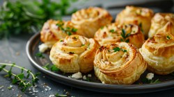 Feta-Blätterteig-Schnecken auf einem dunklen Teller, garniert mit Kräutern, Nahaufnahme.