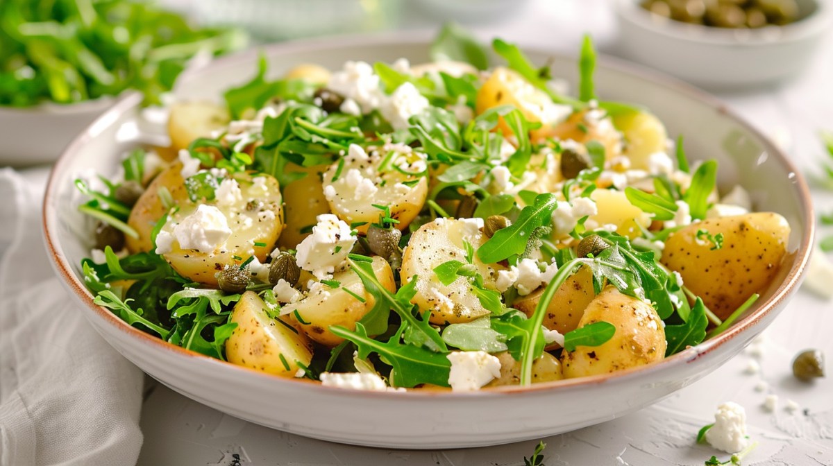 Eine Schale Kartoffelsalat mit Rucola und Schafskäse sowie Kapern, Nahaufnahme.