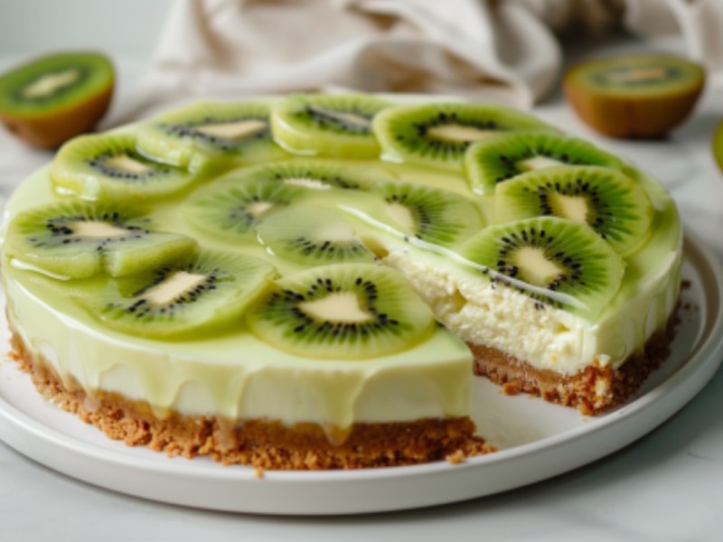Ein Kiwi-Cheesecake, aus dem schon ein Stück geschnitten wurde.