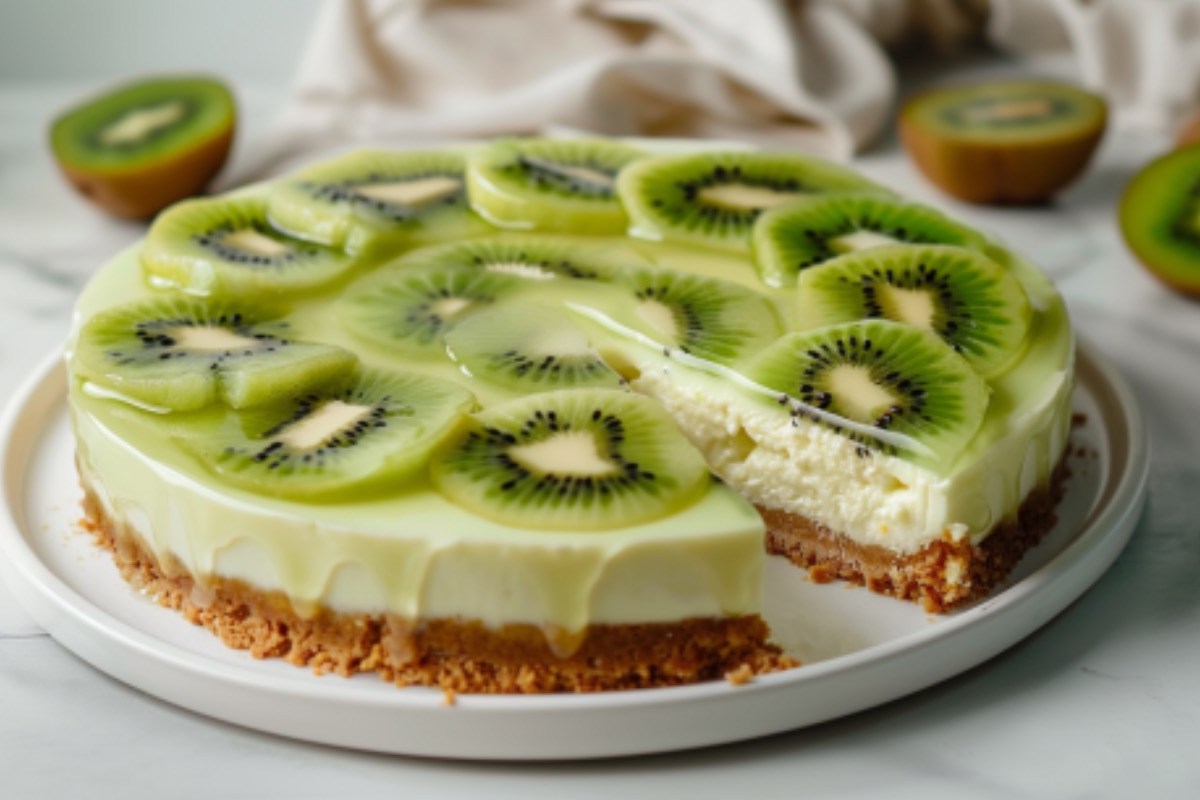 Ein Kiwi-Cheesecake, aus dem schon ein Stück geschnitten wurde.