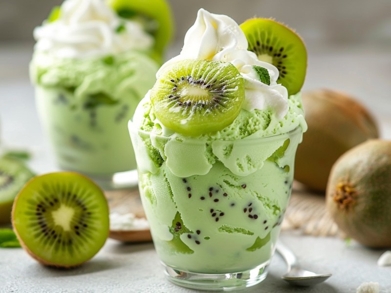 Grünes Kiwi-Eis im Glas mit Sahne