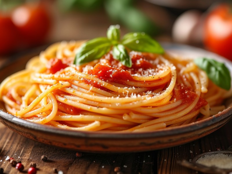 Teller mit Nudeln mit sizilianischer Tomatensoße, daneben frische Tomaten und Basilikum.