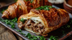 Orientalische Hack-Croissants auf blauem Teller mit Petersilie.