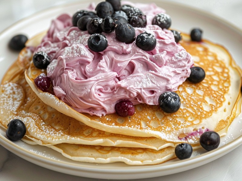 ein paar Pfannkuchen mit Blaubeercreme auf einem Teller, garniert mit frischen Blaubeeren und Puderzucker.