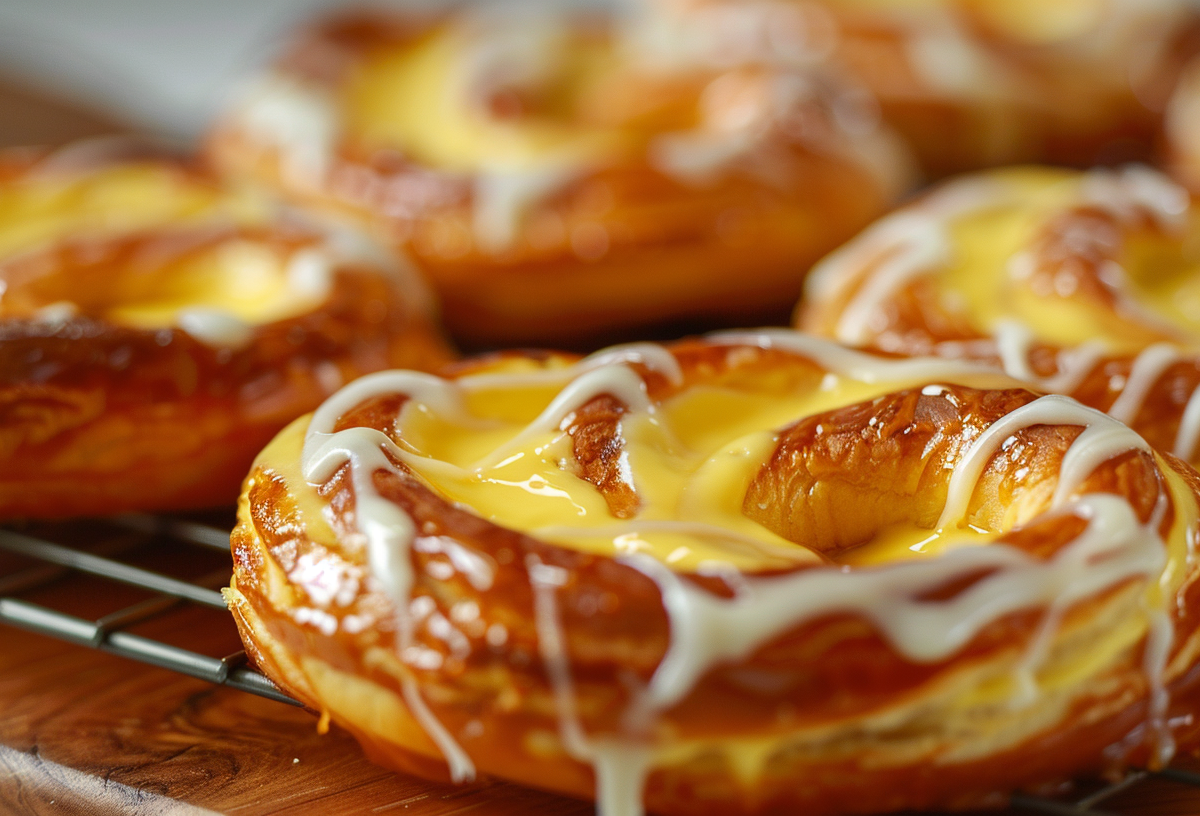 Puddingbrezel aus BlÃ¤tterteig auf einem Kuchengitter