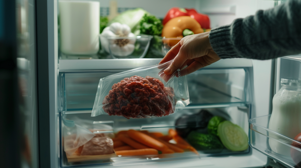 Rohes Hackfleisch aufbewahren: Eine Hand legt einen Beutel Hackfleisch in den Kühlschrank.