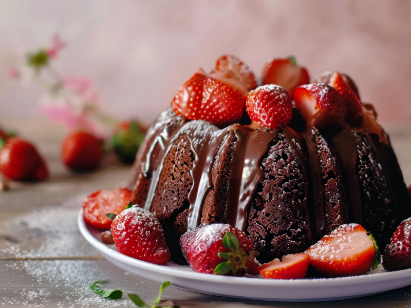 Schokoladen-Gugelhupf mit Erdbeeren dekoriert.