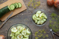 Glas Schüttelgurken mit Gurke auf Holzbrett, Zwiebeln Dill und Senfkörnern.