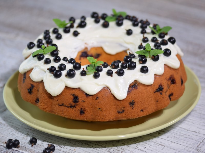 Schwarzer Johannisbeer-Kuchen auf einem grünen Teller. Der Kuchen ist garniert mit weiteren Beeren.