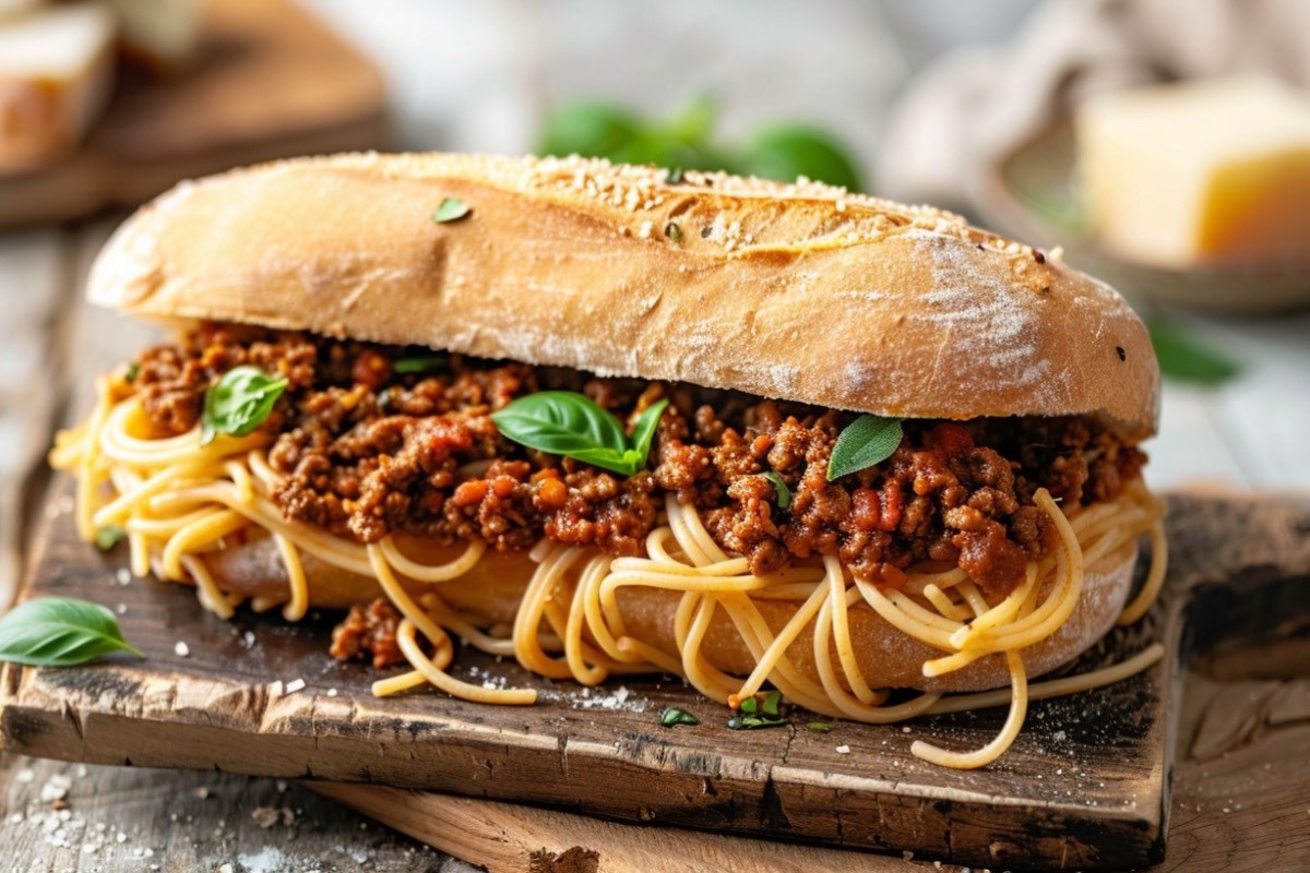 ein Spaghetti-Bolognese-Sandwich im Baguettebrötchen auf einem Brett, garniert mit Basilikum.